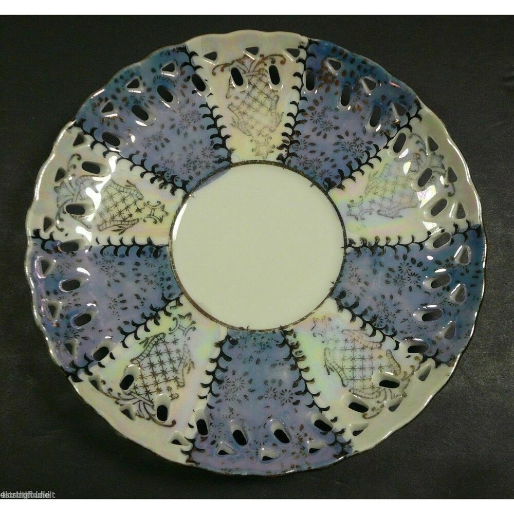 Japanese Lusterware Pierced Saucer Plate Purple & White Gold Edges